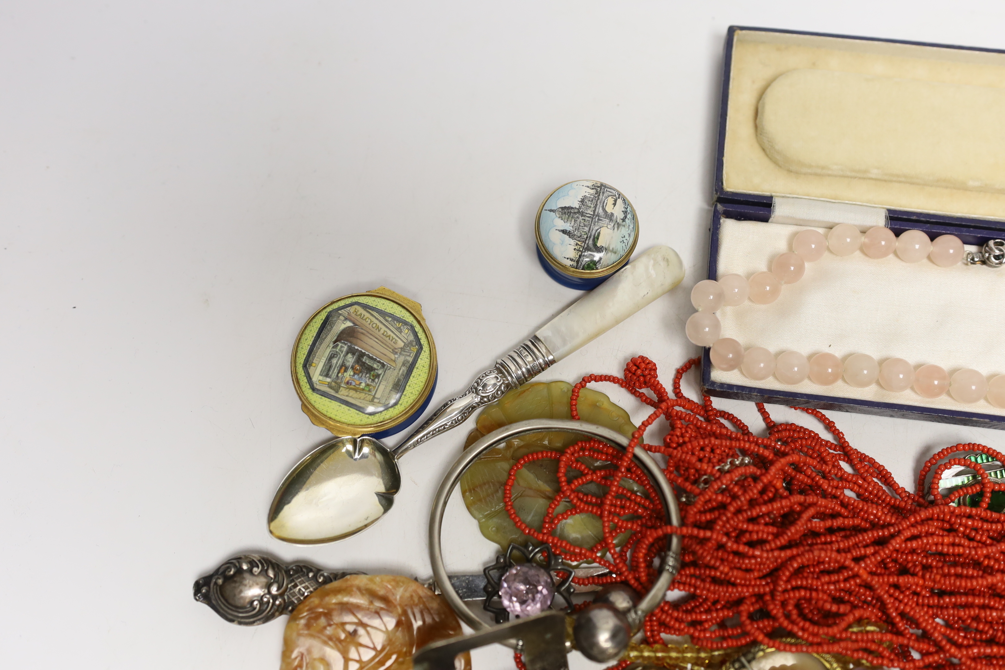 A group of assorted collectable, jewellery etc. including Bakelite bead necklace, Halcyon Days boxes, silver ingot pendant, silver belt buckle, cut steel buckle, rose quartz necklace, amethyst necklace, citrine necklace